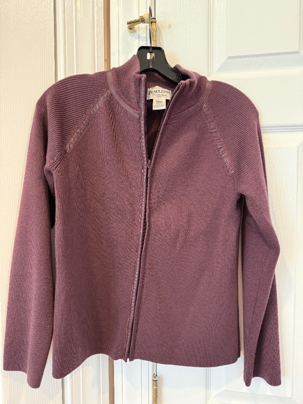 Pendleton Wool zip up sweater with leather trim size Petite Small